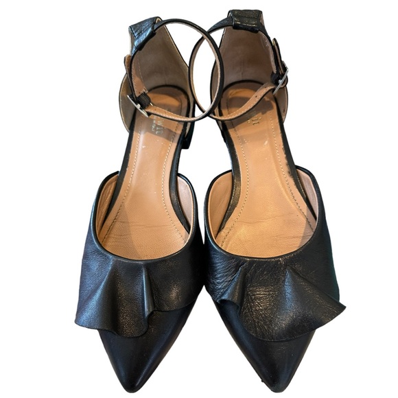 Lewitt Italy Alessia Ruffle Point Toe Ankle Strap Black Leather Flats 35 5 - Picture 2 of 16